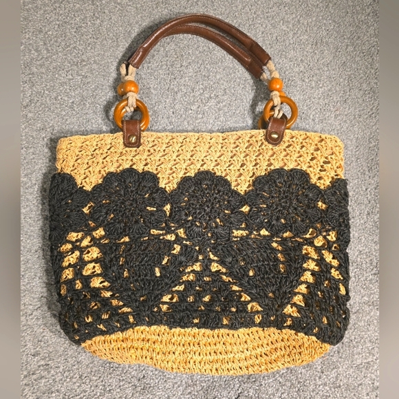 Fossil Handbags - Fossil Long Live Vintage Crochet Straw Basket Bag Tan Black Wood Beach Cottage